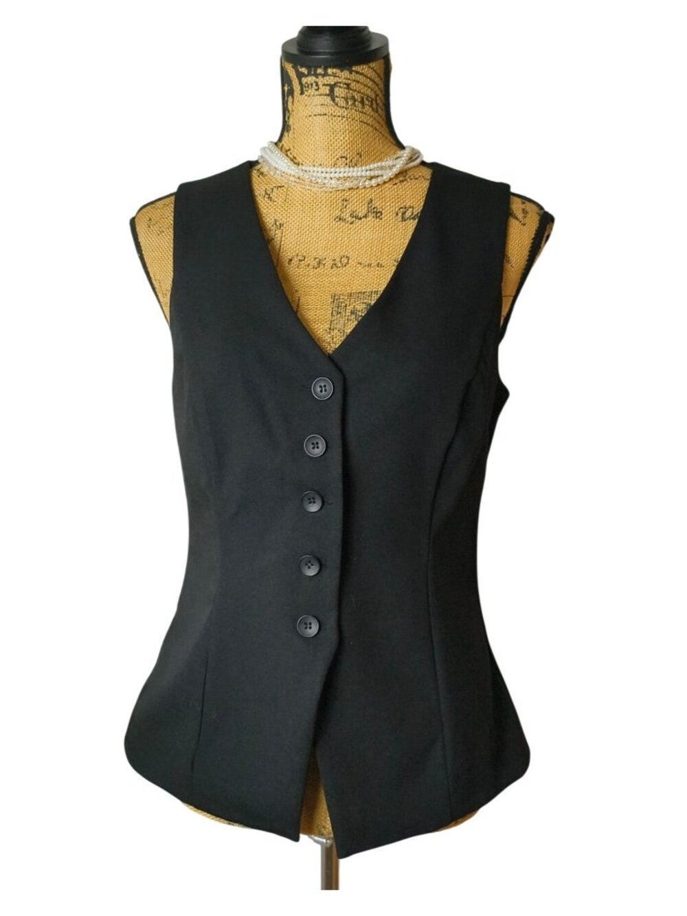 Moa Moa Womens L Sleeveless Vest Black Button-Up Chic Lined Jacket V-Neck Career